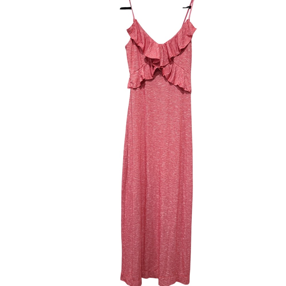 Max Studio Coral Pink Space Dye Ruffle V-Neck‎ Maxi Dress Medium Sleeveless Boho